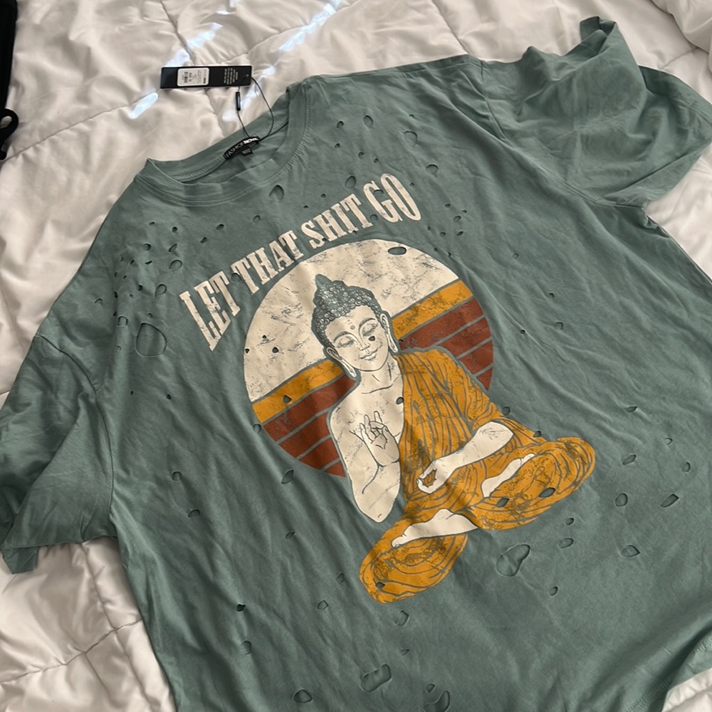 Let That S*%t Go Distressed Tunic Top - Jade